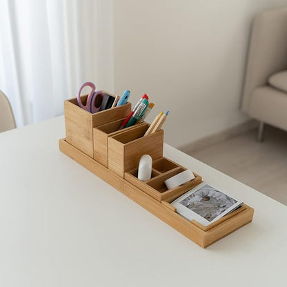 Bamboo Vanity Tray, 6-Piece Bathroom Countertop Vanity Tray Set, Makeup Kitchen Desk Organizer and Storage - Holds Small Items