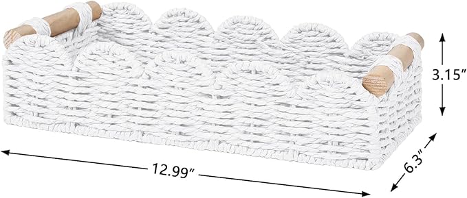 CubesLand Toilet Paper Storage Basket Organizer, Small Wicker Toilet Tank Top Decorative Baskets for Countertop, Handwoven Scalloped Basket w/handle for Home Decor, Living Room, Bedroom, White