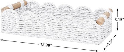 CubesLand Toilet Paper Storage Basket Organizer, Small Wicker Toilet Tank Top Decorative Baskets for Countertop, Handwoven Scalloped Basket w/handle for Home Decor, Living Room, Bedroom, White