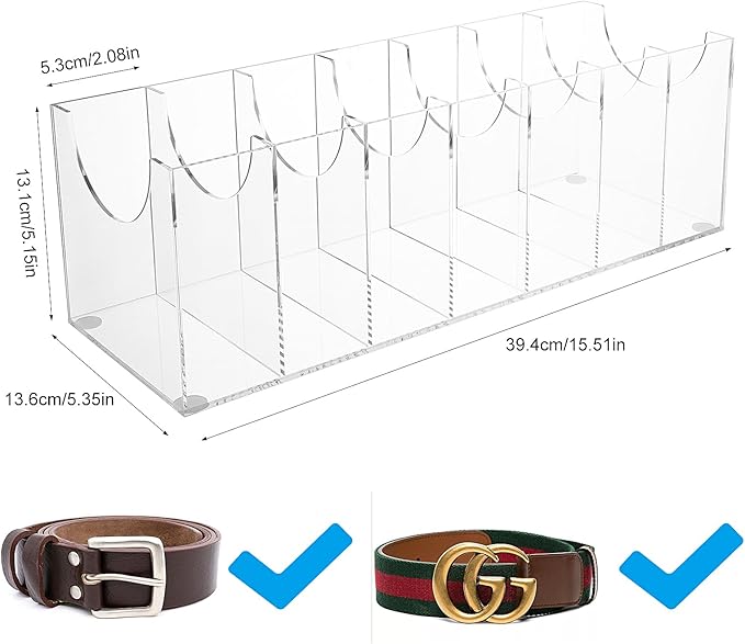 Belt Organizer, Belt Storage Box with 7 Compartments, Acrylic Belt Storage Holder for The Closet, Clear Belt Display Case for Closet Tie,Bow Tie and Watch Jewelry