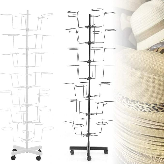 7 Tiers Rotating Hat Rack, Hats Stand Display, Adjustable Iron Hat Cap Stand, Freestanding Cap Hat Retail Display Stand,Hat Rotating Display, 35 Hats Caps Holders for Hats and Wigs (White)