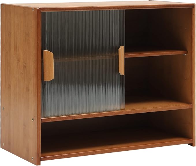 OUKANING 3 Tiers Small Bamboo Kitchen Pantry Sideboard with 2 Sliding Striped Glass Doors, Freestanding Kitchen Pantry Cabinet for Bottle, Dish, Bowl Console Dining Cupboard, Tea-Colored