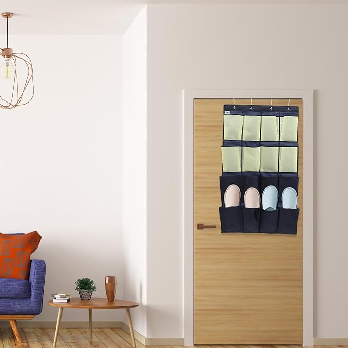 Tofficu The Door Shoe Organizer with 16 Pockets, Oxford Fabric Hanging Shoe Holder Bag for Closet and Bathroom Storage, Blue Yellow Multilayer Hanging Wall Storage