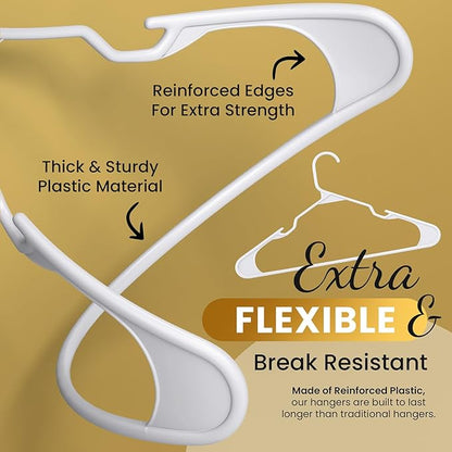 Our Modern Space 200 Pack Plastic Hanger for Shirt Pants Coats Dresses Skirts Suits Jackets - Standard Thick Coat Hanger - Sturdy & Durable Design with Shoulder Grooves Hook - White