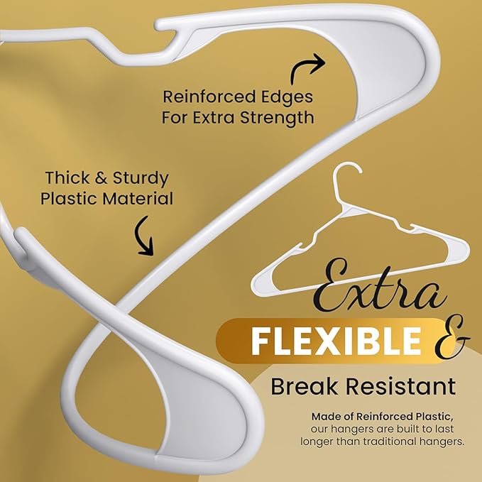 Our Modern Space 100 Pack Adult Plastic Hanger for Shirt Pants Coats Dresses Skirts Suits Jackets - Standard Thick Coat Hanger - Sturdy & Durable Design with Shoulder Grooves Hook - White
