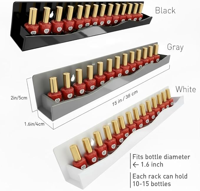 YMVV 3 Colors Nail Polish Wall Mounted Shelf,15 Inch White Gray Black Nail Polish Floating Shelves for 66-90 Bottles Multi-Purpose,Ideal Gift, Great Display for Salons Retailers,6 Pack