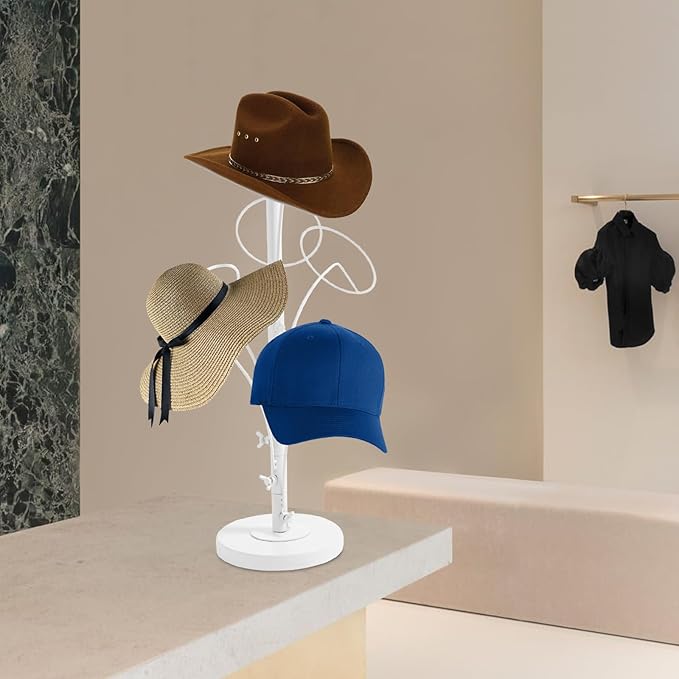 6 Hooks Hat Cap Rack Stand, Adjustable Hooks, Metal Hats Wig Display Hanger for Home Closet Retail Store (White)