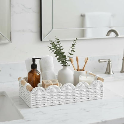 CubesLand Toilet Paper Storage Basket Organizer, Small Wicker Toilet Tank Top Decorative Baskets for Countertop, Handwoven Scalloped Basket w/handle for Home Decor, Living Room, Bedroom, White