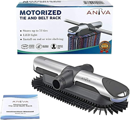 Aniva Motorized Tie Rack Closet Organizer with LED Lights Includes J Hooks for Wired Shelving Stores Up to 72 Ties & 8 Belts, Operates with Batteries