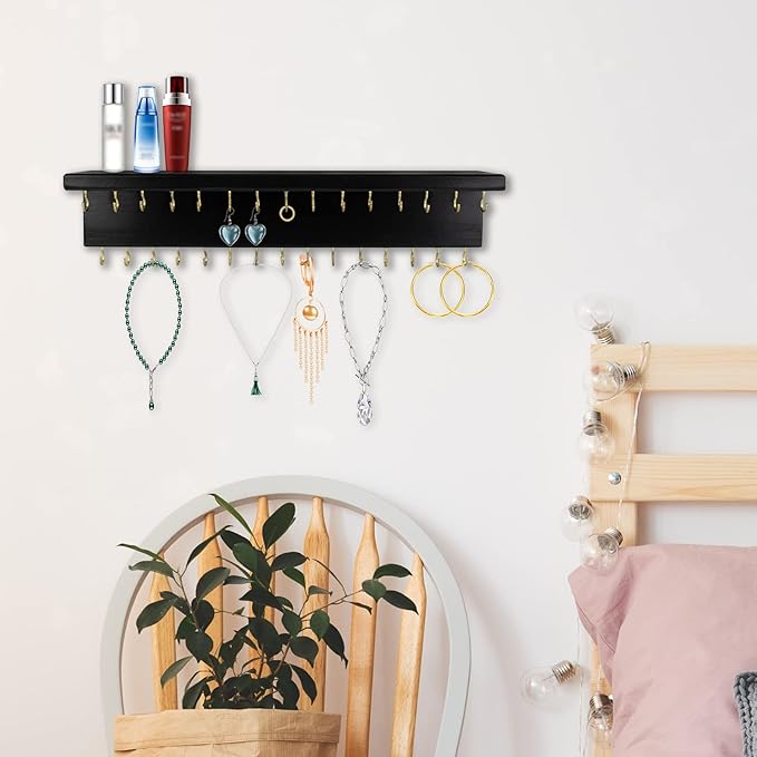 SANY DAYO HOME Black Necklace Holder Jewelry Organizer with 30 Hooks, 15 x 3 x 4 inches Wall Mount Rustic Pine Wood Shelf for Necklace, Hair Bow Storage