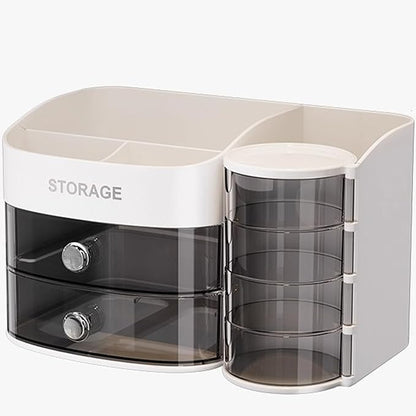 Makeup Organizer Countertop with Drawers, Rotating Skincare & Cosmetic Organizer for Vanity, 4 Clear Swivel Drawers, Large Capacity Make Up Storage for Cosmetics, Brushes, Jewelry