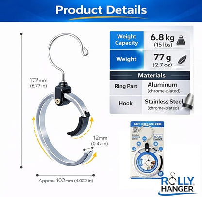 Rolly Hanger® Closet Space Saver – Premium Rotating Aluminum Organizer for Belts, Ties, Hats & Handbags – Heavy Duty 360° Swivel – Declutter & Maximize Storage (3 Pack)