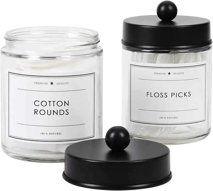 2-Pack Bathroom Apothecary Storage Jars, Vanity Countertop Canister, Glass Jars Q-tip Holder, Cotton Swab Container, Bathroom Storage Container with 8 Pcs Waterproof Labels (9 Oz, Clear)