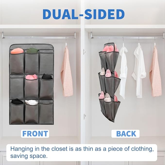 2 Pcs Closet Organizer Dual Sided Hanging Shoe Storage Bag Underwear Socks Holder with 18 Pockets (FABRIC POCKETS)