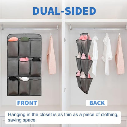 2 Pcs Closet Organizer Dual Sided Hanging Shoe Storage Bag Underwear Socks Holder with 18 Pockets (FABRIC POCKETS)