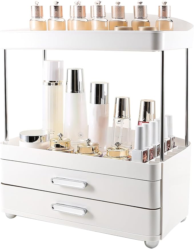 DASITON 4 Tiers Makeup Organizer, 2 Drawers Large Cosmetic Organizers for Vanity Bathroom Countertop, Bathroom Organizers and Storage for Skincare, Cosmetic, Perfume, Dresser Organizer (White+White)