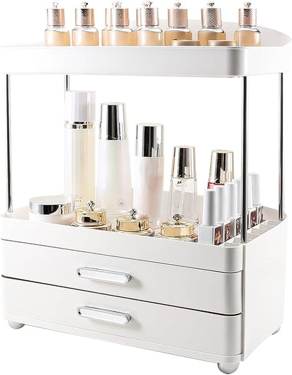 DASITON 4 Tiers Makeup Organizer, 2 Drawers Large Cosmetic Organizers for Vanity Bathroom Countertop, Bathroom Organizers and Storage for Skincare, Cosmetic, Perfume, Dresser Organizer (White+White)