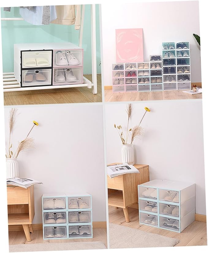 6PCS Thickened Transparent Shoe Containers Plastic Storage Boxes for Men Black Frame White Stackable Organizer for Closet and Shelf Shoes Storage