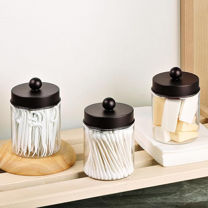Amolliar Farmhouse Decor Qtip Holder Dispenser for Cotton Swabs,Balls, Cotton Pads, Floss - Clear Plastic Apothecary Jar for Bathroom Canister Storage, Vanity Countertop Makeup Organizer-Bronze (2)