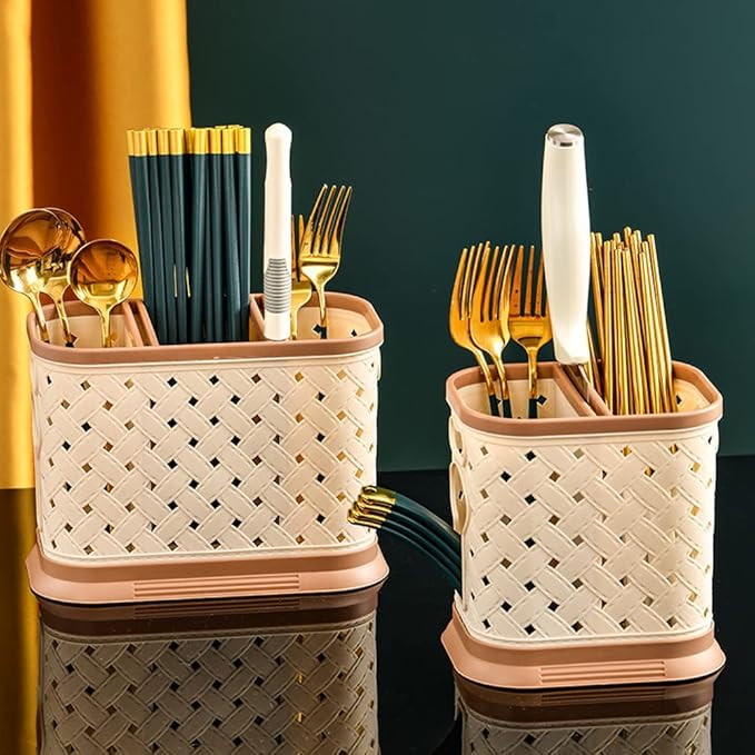 Countertop Cutlery Drying Holder Utensil Holder Cutlery Drainer Tableware Holder Box Tabletop Separated Fork Chopstick Kitchen Storage Cutlery Utensil Organizer (White)