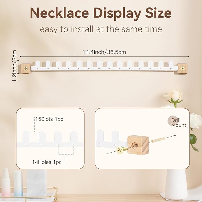 Wall Necklace Holder Hanging Jewelry Organizer 2 Pack Metal Necklace Organizer, Space-saving Jewelry Display for Necklaces & Earrings, Screws Included,White