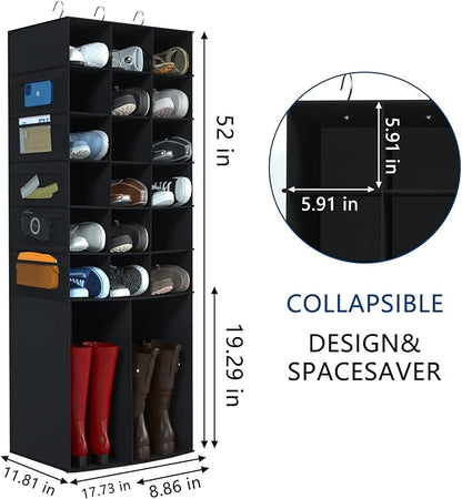 Hanging Shoe Organizer for Closet,18+2 Sections Hanging Shoe Closet Organizers and Storage with 10 Mesh Pockets, Boot Storage, Black