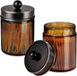Amolliar Amber Glass Qtip Holder, Apothecary Jars with Oil Rubbed Bronze Metal Lid & Stickers-Bathroom Qtip Dispenser Storage Organizer Set,Vanity Counter Canister for Cotton Swabs,Round Floss(2 Pack)