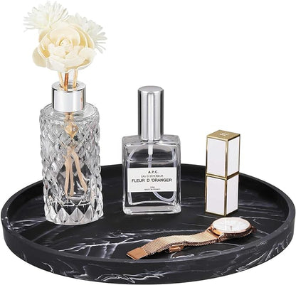 Emibele Vanity Tray, Resin Round Tray Decorative Storage Organizer for Bathroom Toilet Tank Bedroom Kitchen Countertop, Jewelry Storage Dresser Tray for Candle,Lotion Bottle,Cosmetics, Matte Ink Black