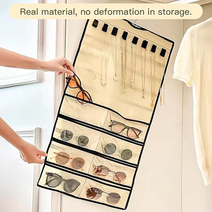 Double Sided Hanging Jewelry Organizer, 48 Pockets Clear Window Large Jewelry Hanging Organizer with Necklace Hanger, Wall/Door/Closet Stud Earring Bracelet Ring Storage