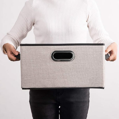 PRANDOM Large Fodable Storage Bins for Closet [3-pack] Decorative Linen Fabric Storage Bins Cubes with Leather/Metal Handles for Shelves Bedroom Living Room Light Grey (14.9x9.8x8.3 Inch)