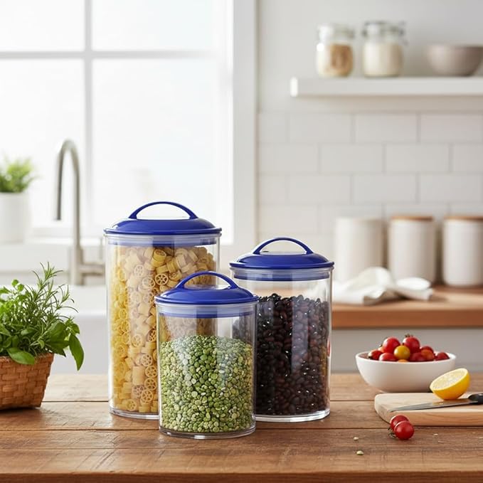 Food Storage Containers, BPA Free Airtight Canisters for Cereal, Pasta, Sugar, Coffee, Flour, Cookies, Loose Tea, for Kitchen Organization, Set of 3 by Reston Lloyd, Indigo