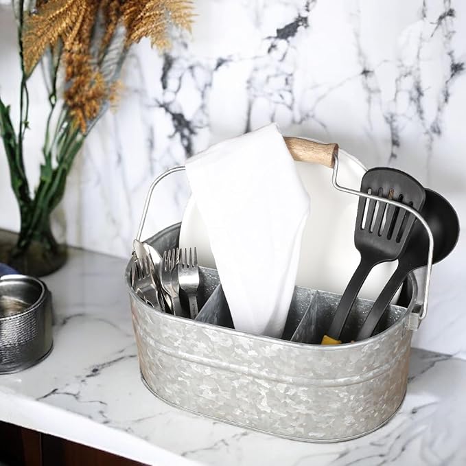 CLEENTABLE Galvanized Heavy Duty Utensil Holder for Countertop, 4-Compartment Large Cooking Utensil Crocks for Kitchen Counter, Farmhouse Utensil Vase for Housewarming, Kitchen Décor (Silver)