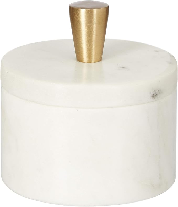 Queenza White Marble Salt Cellar with Lid and Brass Knob, 3 Inch Salt Box