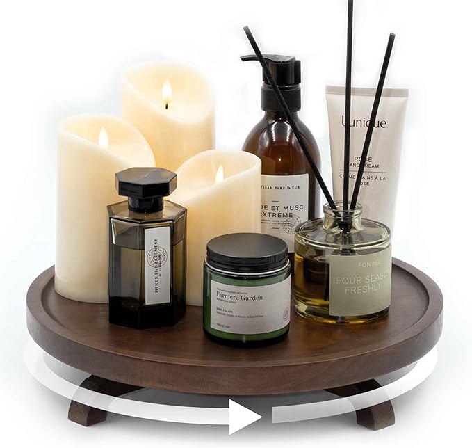 12" Solid Wood Lazy Susan Turntable Organizer for Cabinet, Pantry, Kitchen Countertop - Farmhouse Style with Raised Feet & Water-Resistant Coating, Rustic Bathroom Vanity Tray and Dining Table Decor