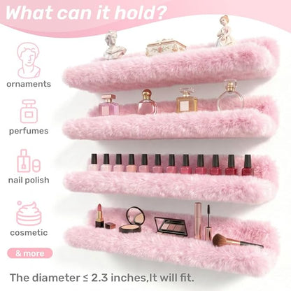 Care&More YJ 15 Inch Nail Polish Shelves, 4-Pack Fuzzy Display Nail Polish Rack for Storing Nail Bottles, Sunglasses, Essential Oils, Plush Soft Pink