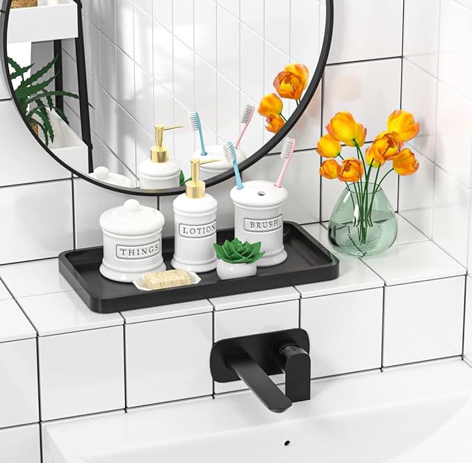 Bathroom Vanity Tray for Countertop - Bamboo Organizer Tray for Dresser Tops, Toilet, Perfume Small Decorative Tray Wood Tray for Home Decoration 11.81” L x 6.1” W x 0.79” H Black