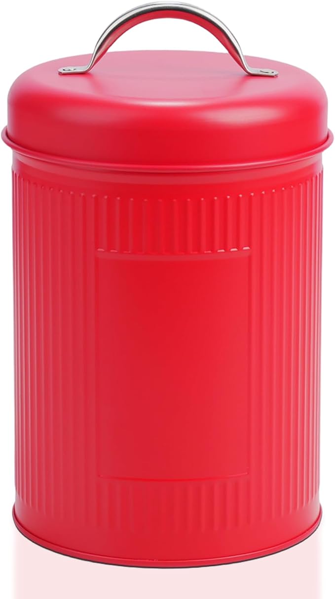 Farmhouse Coffee Canister Storage Container, 42 Oz Vintage Coffee Bean Airtight Jar with Lids, Food Tins with 12 Label Stickers, Kitchen Counter Pantry Organization for Candy Sugar Cookie Tea (Red)