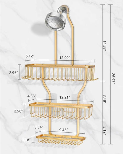 Shower Caddy Hanging - Never Rust Shower Hanging Organizer - Aluminum Over the ShowerHead Caddy with Soap Basket and 6 Razor/Sponge Hooks (Gold)