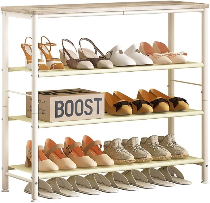 INGIORDAR Shoe Rack Organizer 5 Tier Metal Organizer Shelf with Industrial MDF Board and Layer Fabric for Entryway Closet Bedroom Living Room Garage (White, 4 Tier)