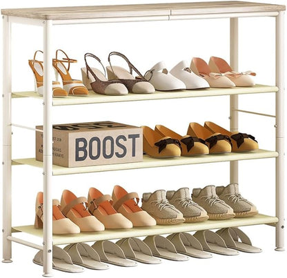 INGIORDAR Shoe Rack Organizer 5 Tier Metal Organizer Shelf with Industrial MDF Board and Layer Fabric for Entryway Closet Bedroom Living Room Garage (White, 4 Tier)