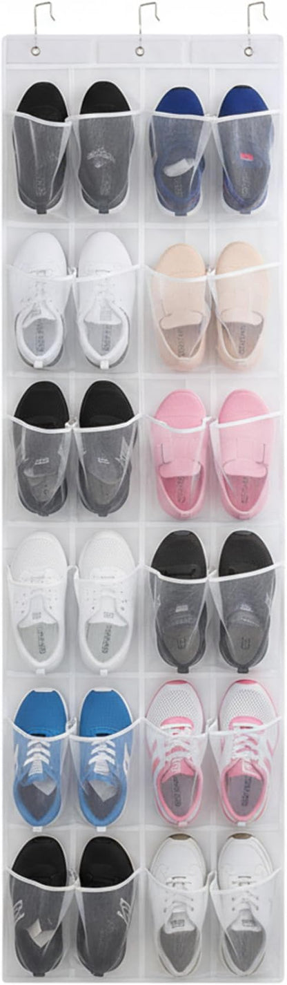 Hanging Shoe Organizer, Shoe Hanger for Door 24 Mesh Pocket Over The Door Organizer Space Saving Hanging Storage Holder with Hooks 64x19 Inch White