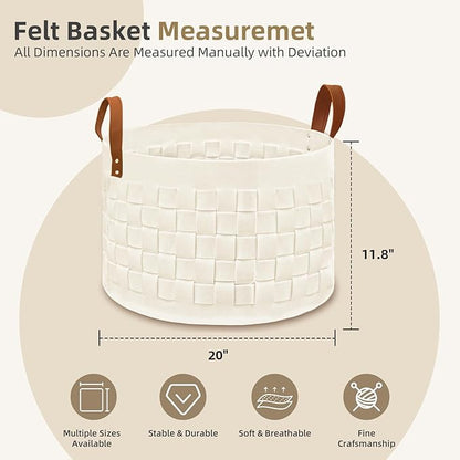 BOLDMONEKY Blankets Basket 20" x20 " x11.8 ", Large Round Laundry Hamper with Leather Handle, Soft Dog Toy Woven Basket for Storage-Beige