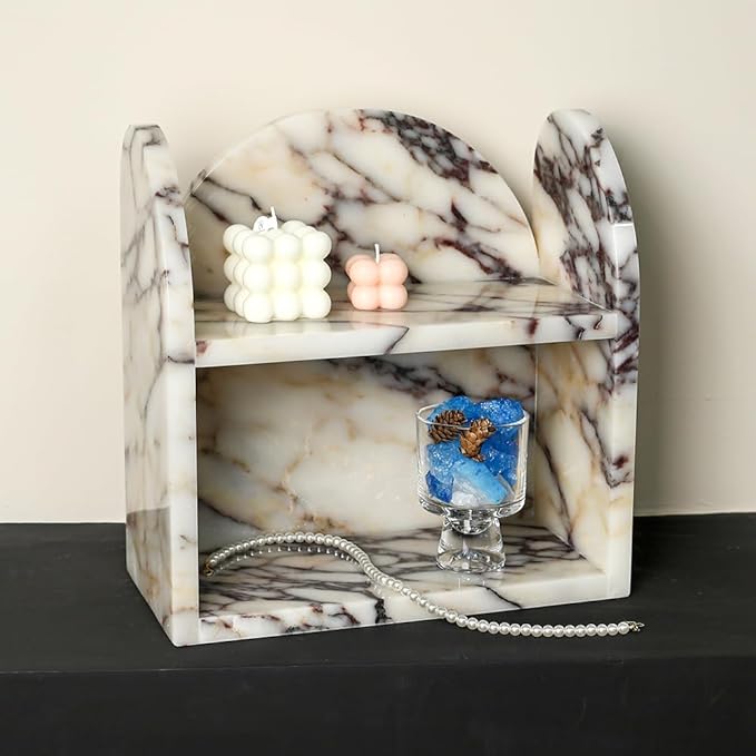 DUANYAN Marble Bathroom Counter Organizers and Storage, 2-Tier Luxurious Makeup Organizer for Perfume Cosmetic Skincare Jewelry, Natural Marble Counter Shelf, No Assembly Required