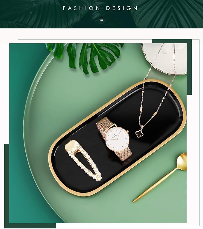 Emibele Jewelry Organizer Oval Resin Tray, Bathroom Kitchen Dresser Vanity Tray Jewelry Dish Ring Holder Cosmetic Organizer for Candle Perfume Soap Shampoo Home Decor - Black & Gold