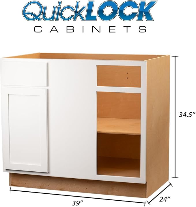 Quicklock RTA (Ready-to-Assemble) | Base Kitchen Cabinets - Shaker Style | Made in America (Pure White, 39" Wx34.5 Hx24 D Blind Corner)