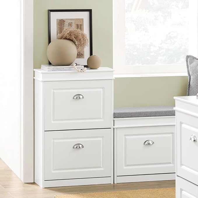 SoBuy Small Shoe Cabinet, Slim Shoe Rack 2 Flip-Drawers, Thin Shoe Storage Cupboard Organizer Unit for Entryway and Hallway, White FSR78-W