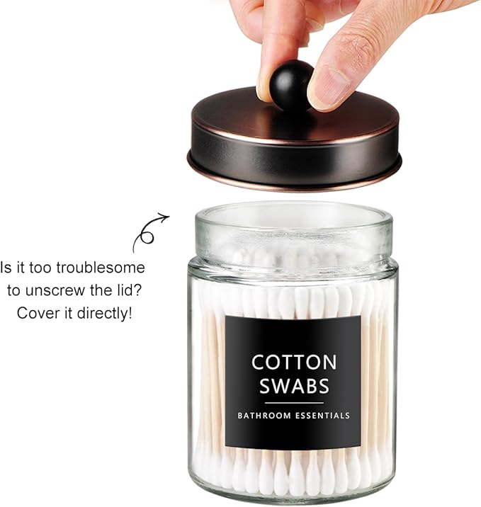 SheeChung 3pcs Glass Qtip Holder with Tray - Oil Rubbed Bronze Bathroom Storage Jars - Apothecary Jar Set for Cotton Swabs & Floss Picks - Decorative Vanity Organizer