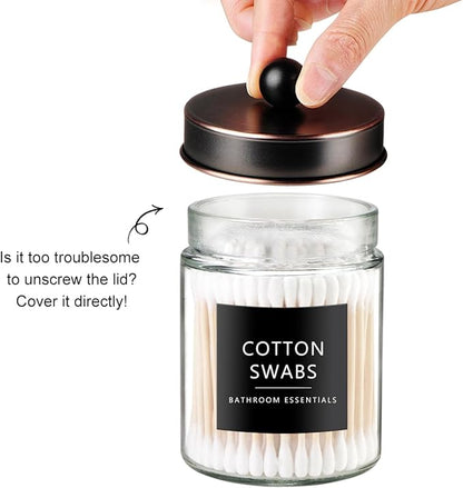 SheeChung 3pcs Glass Qtip Holder with Tray - Oil Rubbed Bronze Bathroom Storage Jars - Apothecary Jar Set for Cotton Swabs & Floss Picks - Decorative Vanity Organizer