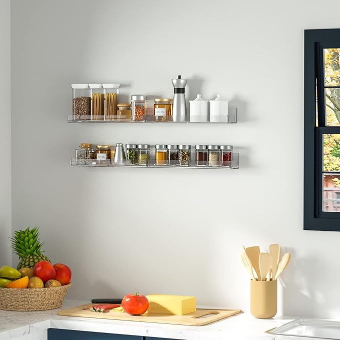 Sezanrpt Acrylic Wall Spice Rack Organizer, Seasoning Rack Shelf Organizer, Clear Wall Mounted Spice Rack Condiment Organizer with Additional Removable Middle Divider, 4 Pack…