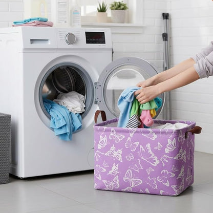 Purple Butterfly Storage Basket Waterproof Canvas Toy Storage Bin Decorative Collapsible Outdoor Basket with Leather Handles Purple Gifts Basket For Closets,Bedrooms,Home,Bathroom